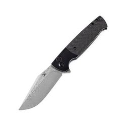 Kansept Knives Skikari SBL Damascus Folding Knife 4.38in Closed 3.38in Damascus Steel Clip Point Blade Twill Carbon Fiber Handle Black Nylon Pouch
