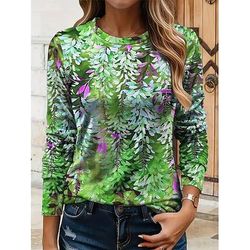 Maglietta da Donna Collo a Giro Manica Lunga Tunica Floreale Grafica Piante Vintage Elegante Classica Collo Rotondo Top Regolari Stampa Gialla Rossa Blu Viola Verde Autunno