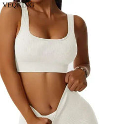 VEQKING Seamless Ribbed Women Yoga Bra, Quick Drying Sports Crop Tops with Removable Pads, Solid U Back Gym Top Workout Running