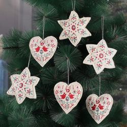 Rustic Romance,'6 Embroidered Heart and Star Wool Felt Christmas Ornaments'