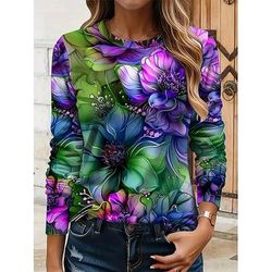 T-shirt da donna manica lunga a girocollo tunica floreale grafica piante vintage stiloso classico colletto rotondo top regolari per uso quotidiano stampa giallo rosso blu viola verde autunno