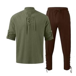 Retrò Vintage Medievale Rinascimento Pantaloni Abiti Camicia Pirata Ranger Costume Per uomo Vichingo Halloween Carnevale Mascherata Performance Mascherata LARP Adulti Camicia Pantaloni