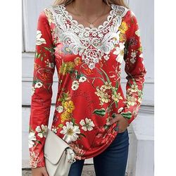Blusa donna tunica pizzo cucito scollo a V manica lunga grafica floreale piante vintage girocollo top regolari quotidiani uscita weekend stampa pizzo nera rossa azzurro polveroso verde primavera