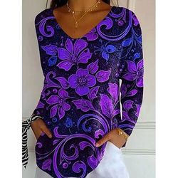 T-Shirt donna V collo manica lunga tunica floreale grafica piante vintage elegante classico top regolari stampa quotidiana blu viola arancione primavera autunno
