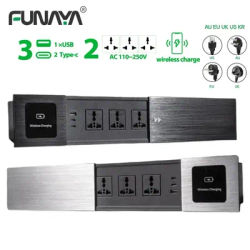 Universal Built-in Table Socket Slide Cover with USB Type-c Recessed Desktop Electrical Socket EU UK AU US Plug Wireless Charger