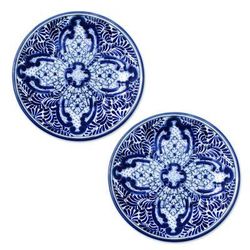 Puebla Kaleidoscope,'2 Blue and White Talavera Style Ceramic Luncheon Plates'