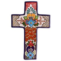 'Colorful Talavera-Style Ceramic Wall Cross from Mexico'