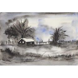 Midnight Charm,'Signed Black and White Landscape Painting from India'