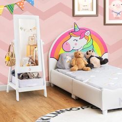 360 Rotatable Kids Dressing Mirror, Full Length Standing Mirror With Storage Bin & Bottom Shelf Child Safe Design 360 Rotatable Kids Dressing Mirror, Full Length Standing Mirror With Storage Bin & Bottom Shelf Child Safe Design