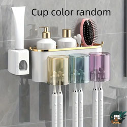 Wall mounted Toothbrush Holder With Toothpaste Squeezer Space Saving Organizer Contains 3 Cups + Toothpaste S