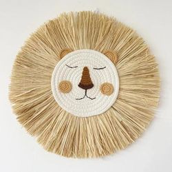 Nordic Handmade Lion Wall Decor: Cotton Thread Straw Woven Animal Head Ornament For Nursery & Baby Room 1