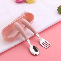 3pcs Stainless Steel Children Spoon Forks Box Portable Baby Feeding Utensils & Tableware Set Pink