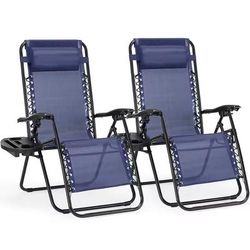 Set Of 2 Zero Gravity Recliner Chairs With Cup Holders And Adjustable Pillow blue