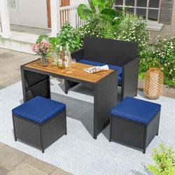4 Piece Outdoor Dining Set With Wood Topped Table, Rattan Loveseat Chair & 2 Ottomans 4 Piece Outdoor Dining Set With Wood Topped Table, Rattan Loveseat Chair & 2 Ottomans