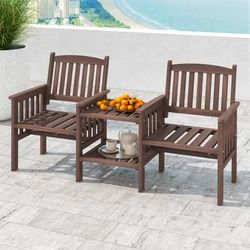 Outdoor Fir Wood Loveseat With 2 Tier Side Table & Umbrella Hole, Patio Bench With Central Coffee Table For Garden Outdoor Fir Wood Loveseat With 2 Tier Side Table & Umbrella Hole, Patio Bench With Central Coffee Table For Garden