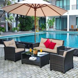4 Piece Outdoor Rattan Furniture Set With Glass Table, Patio Sofa & Loveseat 4 Piece Outdoor Rattan Furniture Set With Glass Table, Patio Sofa & Loveseat