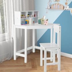 Kids Wooden Corner Desk And Chair Set With Hutch & Storage, Space Saving Study Table Kids Wooden Corner Desk And Chair Set With Hutch & Storage, Space Saving Study Table