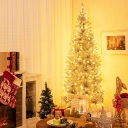 6 7 Ft Pre Lit Artificial Silver Tinsel Christmas Tree With 790 Branch Tips & 300 LED Lights 6 7 Ft Pre Lit Artificial Silver Tinsel Christmas Tree With 790 Branch Tips & 300 LED Lights