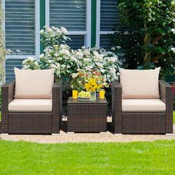Outdoor Rattan Furniture Set, 3 Piece Patio Conversation Sofa With Cushioned Seating Outdoor Rattan Furniture Set, 3 Piece Patio Conversation Sofa With Cushioned Seating