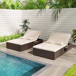 Patio Double Chaise Lounge With Cushions & Folding Side Trays, Adjustable Backrest For Two Patio Double Chaise Lounge With Cushions & Folding Side Trays, Adjustable Backrest For Two