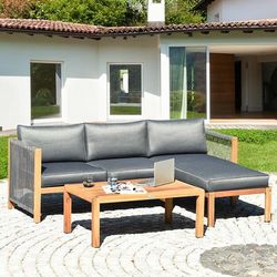3 Pieces Patio Acacia Wood Sofa Furniture Set With Nylon Rope Armrest, Outdoor Sectional Seating With Cushions & Coffee 3 Pieces Patio Acacia Wood Sofa Furniture Set With Nylon Rope Armrest, Outdoor Sectional Seating With Cushions & Coffee