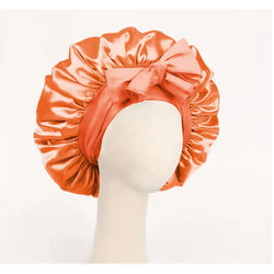 Adjustable Satin Bonnet For Sleeping With Tie Band Soft Hair Protection For Women And Men orange