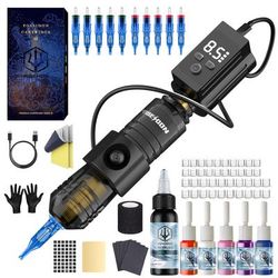 High Power Tattoo Pen Kit, Hot Red Permanent Makeup Tattoo Gun Kit With Power Supply, Cartridge Needles & 10 Tattoo Ink bt17