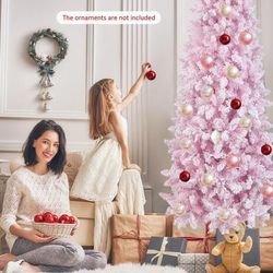7 Feet Pre Lit Snow Flocked Hinged Pencil Christmas Tree With 300 Warm White Lights & 8 Modes, Slim Artificial Tree 7 Feet Pre Lit Snow Flocked Hinged Pencil Christmas Tree With 300 Warm White Lights & 8 Modes, Slim Artificial Tree