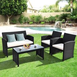 4 Pieces Rattan Patio Furniture Set With Weather Resistant Cushions And Tempered Glass Table, Outdoor Conversation Sofa 4 Pieces Rattan Patio Furniture Set With Weather Resistant Cushions And Tempered Glass Table, Outdoor Conversation Sofa