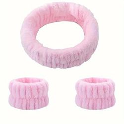 Velvet Facial High Elastic Makeup Hairband & Face Wash Wristband Set Soft Skin Care & Spa Essentials pink