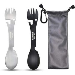 Stainless Steel Tactical Spork With Spoon Fork Knife Bottle & Can Opener, Outdoor Camping Hiking Survival Travel 2pcs