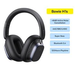 Baseus Bowie H1s Bluetooth 5.4 Wireless Headphones, Hi Res Over Ear Headset, 46dB ANC, Spatial Audio, 120H Playback bowie H1s Black