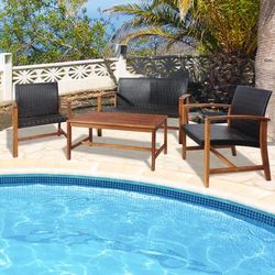 4 Piece PE Rattan Patio Furniture Set With Solid Acacia Wood, Outdoor Dining & Lounge Set 4 Piece PE Rattan Patio Furniture Set With Solid Acacia Wood, Outdoor Dining & Lounge Set