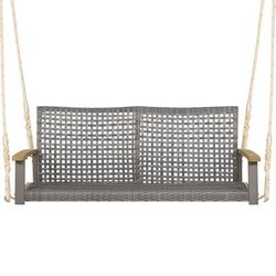 All Weather Patio Wicker Hanging Swing Chair With Acacia Armrests, Outdoor Rattan Porch Swing With Cushion & Ropes All Weather Patio Wicker Hanging Swing Chair With Acacia Armrests, Outdoor Rattan Porch Swing With Cushion & Ropes