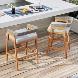 2 Patio Acacia Wood Counter Height Bar Stools With Cushions & Wicker Backrests, Durable Outdoor Seating With Foo 2 Patio Acacia Wood Counter Height Bar Stools With Cushions & Wicker Backrests, Durable Outdoor Seating With Foo