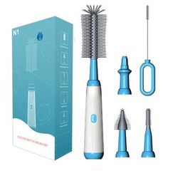 Electric Baby Bottle Brush Set, Multipurpose Silicone Cordless Brush For Milk Bottle & Nipple Cleaning blue