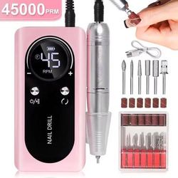Professional Electric Nail Drill Machine 45000RPM Rechargeable Low Noise Manicure Tool pink