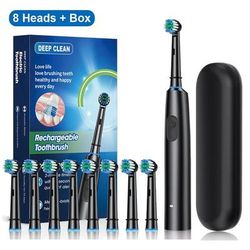 Electric Toothbrush With Rotating Brush Head, Rechargeable Rotary Toothbrush For Adults With Modes & Longer Battery Life black 8 Heads