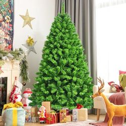 6.5FT Unlit Artificial Christmas Tree With Metal Stand, Flocked Green Hinged Tree For Holiday Home Or Office Decoration 6.5FT Unlit Artificial Christmas Tree With Metal Stand, Flocked Green Hinged Tree For Holiday Home Or Office Decoration