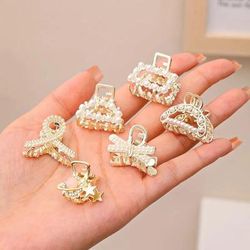 Small Rhinestone Pearls Geometric Metal Hair Claws For Women, Mini Hair Clips, Hairpins, Sweet Hair Accessories Set 6pcs