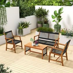 4 Piece Acacia Wood Patio Conversation Set, Hand Woven Rope Chairs, Loveseat & Coffee Table For Outdoor Relaxation 4 Piece Acacia Wood Patio Conversation Set, Hand Woven Rope Chairs, Loveseat & Coffee Table For Outdoor Relaxation