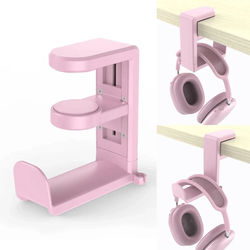 Rotatable Headphone Holder Desk Clip Hook, No Drilling Storage Bracket Hanging Organizer For Keys, Bags rosa