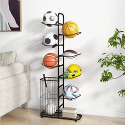 Heavy Duty Basketball Organizer, 7 Rod Hanging Rack With Side Ball Basket For Home & Gym Heavy Duty Basketball Organizer, 7 Rod Hanging Rack With Side Ball Basket For Home & Gym