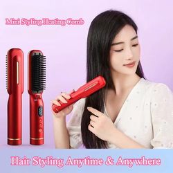 Wireless Hair Styler Negative Ion Comb, Hair Straightener & Curling Comb, LED Screen, Rechargeable Hot Comb Voluminous red