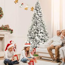 8ft Snow Flocked Hinged Christmas Tree With White Berries & Poinsettias, Realistic Full Holiday Tree For Indoor 8ft Snow Flocked Hinged Christmas Tree With White Berries & Poinsettias, Realistic Full Holiday Tree For Indoor