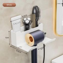 Wall Mounted Hair Dryer Holder & Straightener Organizer, No Drill Bathroom Storage Shelf white
