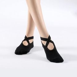 Breathable Bandage Yoga Socks For Women, Non Slip Cotton Barre & Dance Grip Socks black