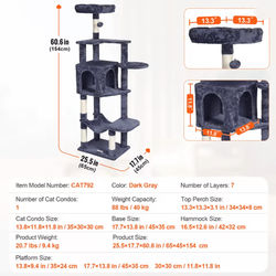 Multi Level Cat Tree Tower With Hammock And Condo For Indoor Cats dark Gray 7f 1r