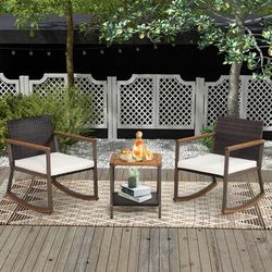 3 Piece Rattan Rocking Bistro Set With Coffee Table & Cushions Off White & Mix Brown Outdoor Patio Furniture 3 Piece Rattan Rocking Bistro Set With Coffee Table & Cushions Off White & Mix Brown Outdoor Patio Furniture