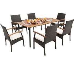 7 Piece Patio Wicker Cushioned Dining Set With Wood Armrest & Umbrella Hole Outdoor Rattan Bar Set For Backyard, Garden 7 Piece Patio Wicker Cushioned Dining Set With Wood Armrest & Umbrella Hole Outdoor Rattan Bar Set For Backyard, Garden